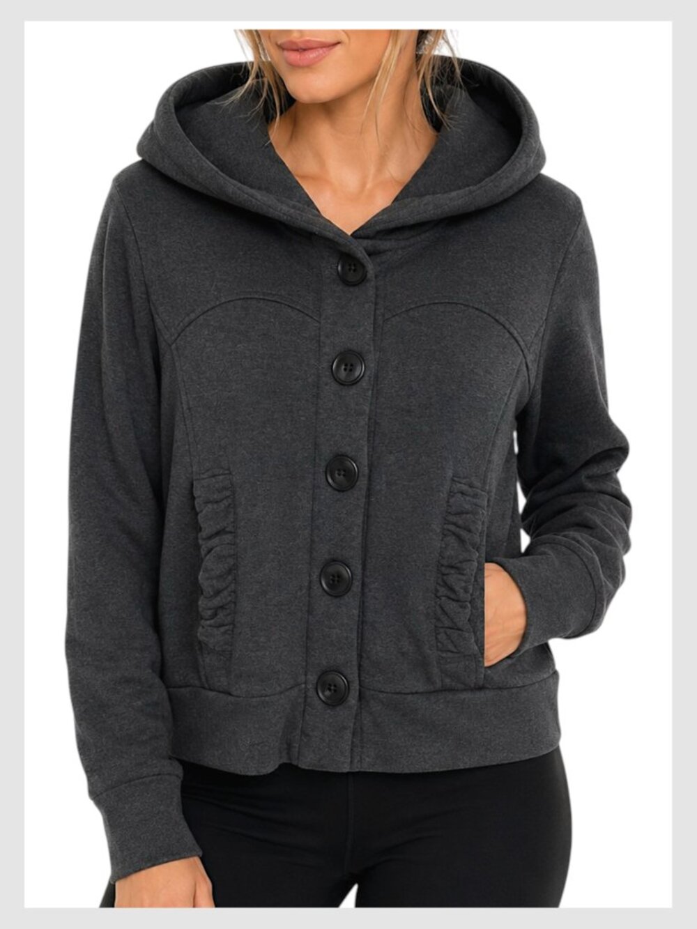 Hooded Knit Jacket Gray Ruched Pocket Button Front L